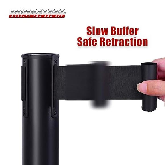 NWT DuraSteel Heavy Duty Black Stanchions w/ 6.5 ft Retractable Belt, 2 Set/Pack - Picture 3 of 6